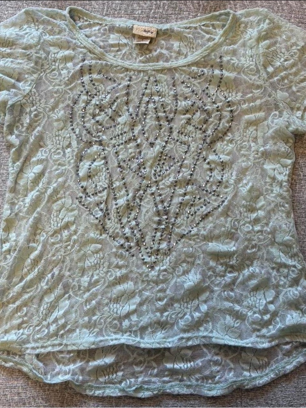 Daytrip Mint Lace Scoop Neck Top with Rhinestone Heart Y2K